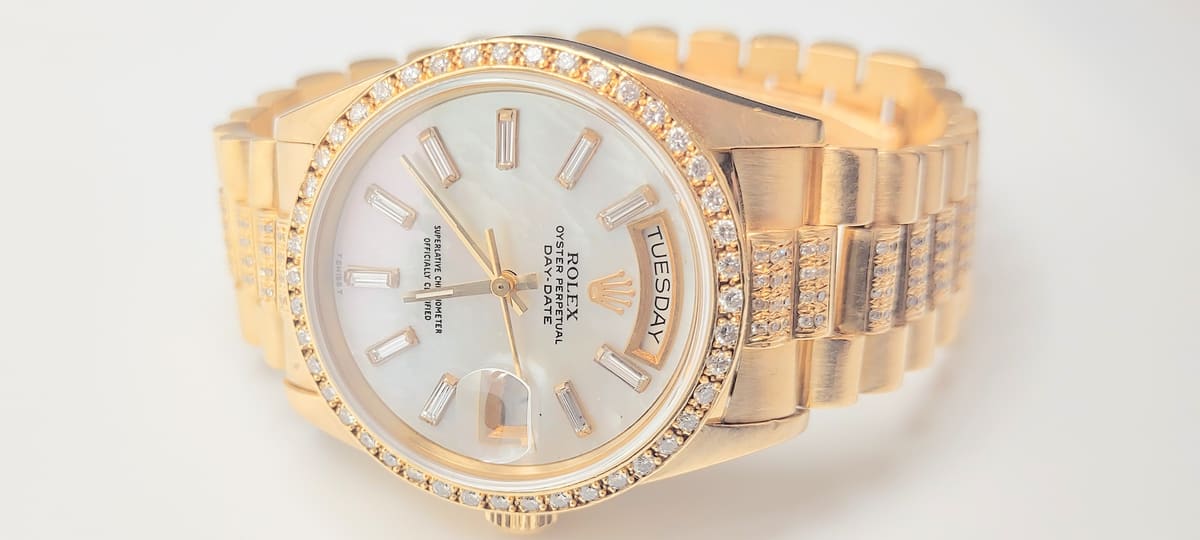 Rolex President 36mm Diamond Dial Diamond Bezel Diamond Bracelet 18KT Yellow Gold, luxury watch