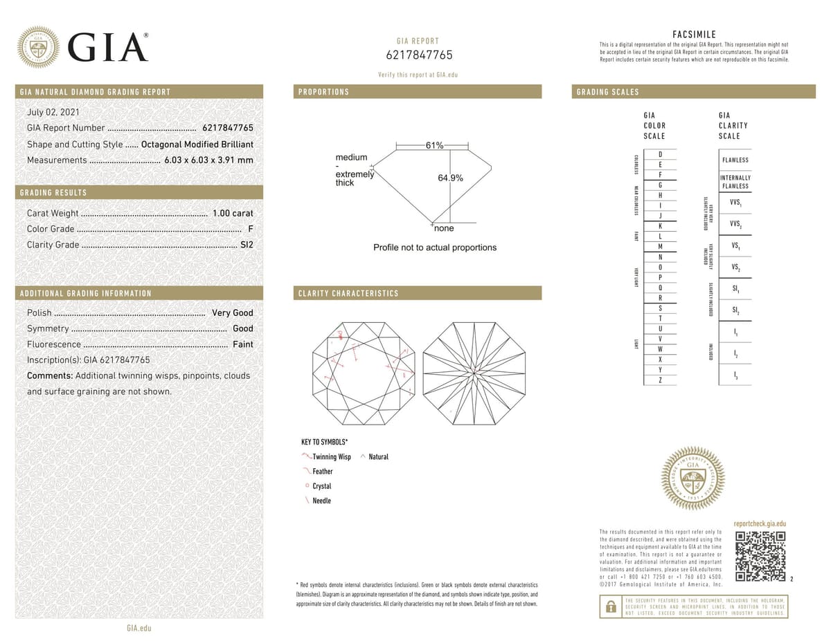 1.00ct Octagon SI2-F, 1 carat loose diamond