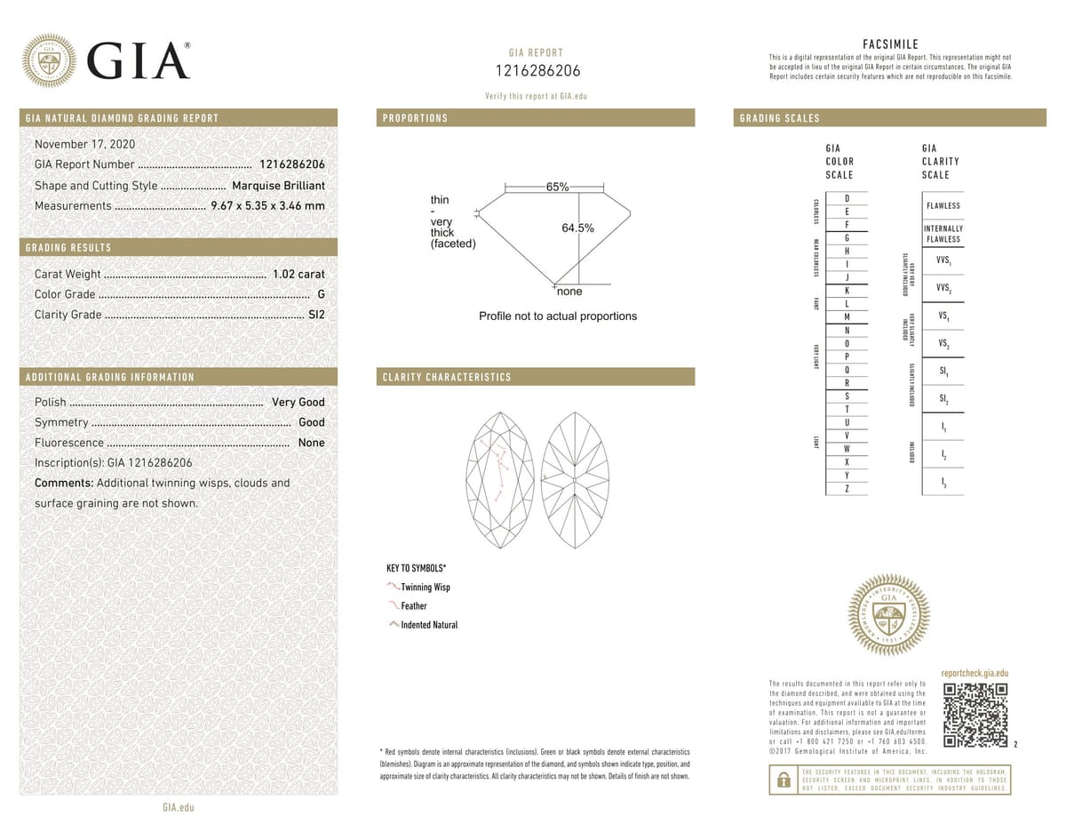 1.02ct Marquise SI2-G, 1.02 carat loose diamond